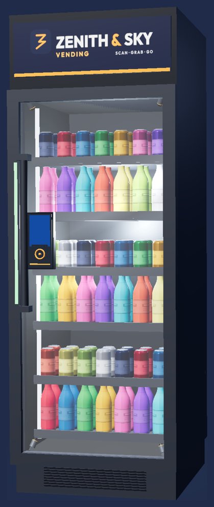 A Zenith & Sky smart vending cooler, lit and stocked with bottles and cans behind a glass door